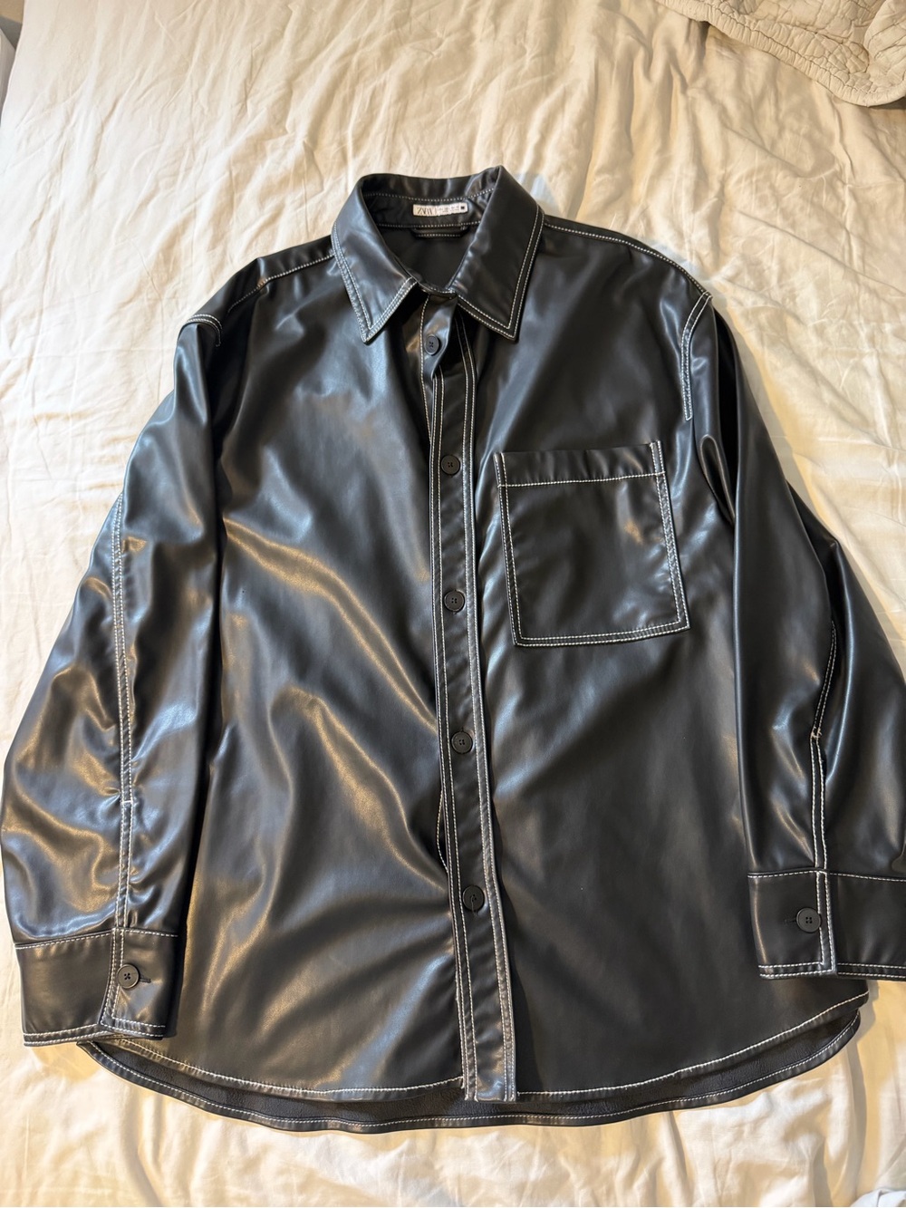 Zara Black Faux Leather Button-Up Shirt Jacket